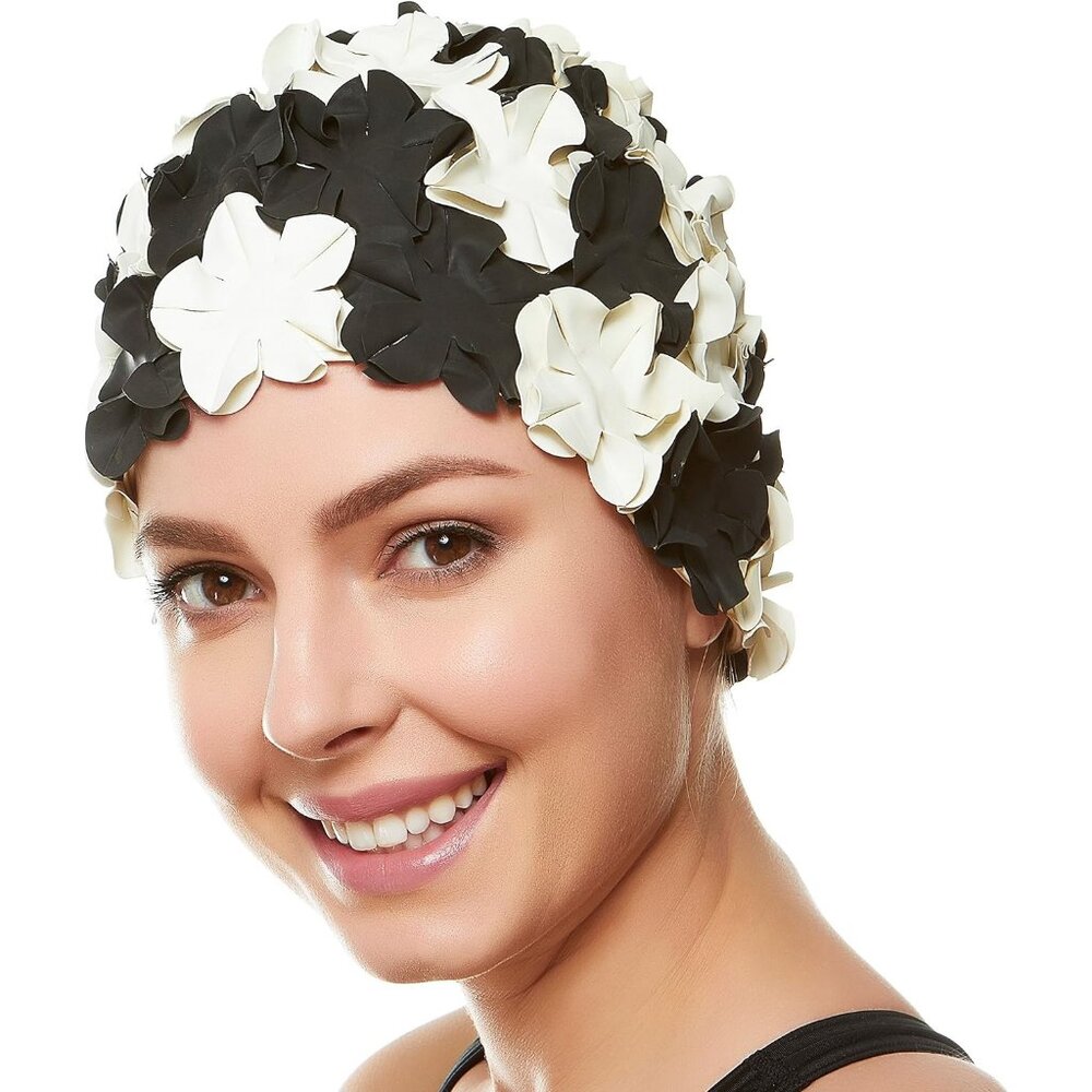 Beemo Floral Petal Ladies Bathing Swim Cap Women Long/Short Hair - Black/White